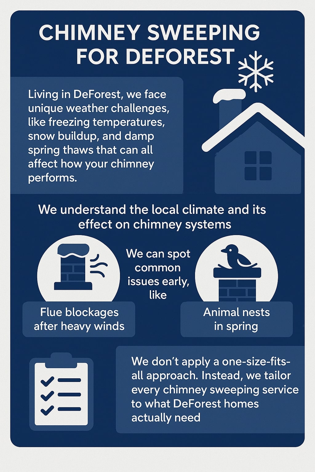 original infographic with a navy blue and white color palette featuring bold white text reading “Chimney Sweeping for DeForest” at the top beside a white snowflake icon and a simple outline of a house with a chimney. Below, text in white explains the local weather challenges in DeForest, mentioning freezing temperatures, snow buildup, and spring thaws. The middle section shows two circular illustrations: one of a chimney with smoke and the label “Flue blockages after heavy winds,” and another with a bird perched on a chimney labeled “Animal nests in spring.” The bottom section features a clipboard with checkmarks beside text that says the company customizes its sweeping services to fit DeForest homes rather than using a one-size-fits-all approach.<br />

