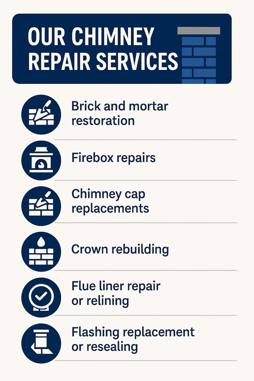 original infographic showing a clean, minimal design with a cream background and dark navy blue text, icons, and header block; the top features a large navy rectangle containing the white all-caps title “OUR CHIMNEY REPAIR SERVICES” beside a simple blue brick chimney graphic with a gray cap; below are six service items each paired with a circular navy icon: a trowel over bricks for “Brick and mortar restoration,” a stylized firebox for “Firebox repairs,” a trowel and bricks for “Chimney cap replacements,” a water droplet above bricks for “Crown rebuilding,” a checkmark above a chimney liner shape for “Flue liner repair or relining,” and a chimney vent icon for “Flashing replacement or resealing,” all separated by thin gray horizontal lines.