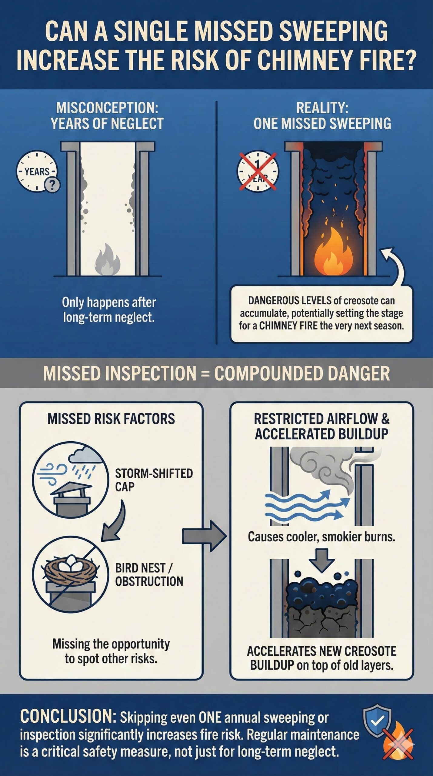 Original infographic titled "Can a Single Missed Sweeping Increase the Risk of Chimney Fire?" presented in a portrait layout using a color palette of navy blue, grey, and white. The graphic is divided into two main sections; the top half contrasts the "Misconception" that chimney fires only occur after years of neglect with the "Reality" that skipping just one annual sweeping allows dangerous levels of creosote to accumulate, potentially causing a fire the very next season. The lower section is titled "Missed Inspection = Compounded Danger" and illustrates how skipping inspections leads to missing other risks, such as a storm-shifted chimney cap or a bird nest. Flowcharts and icons demonstrate how these obstructions restrict airflow, causing the fire to burn cooler and smokier, which accelerates new creosote buildup on top of existing layers.