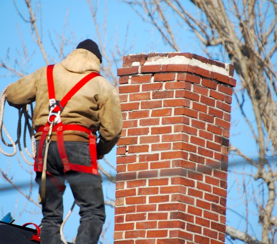 Photo of a house featuring the chimney with a Hansen & Sons truck and employee in the driveway. 